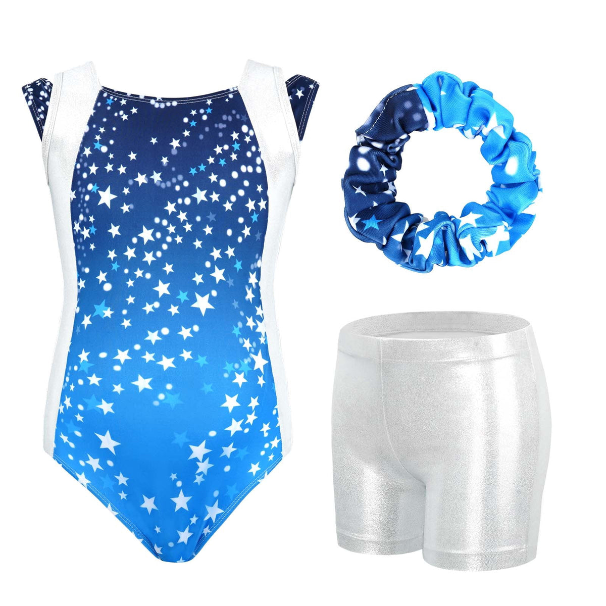 Girls Leotards for Gymnastics, Kids Glitter Stars Dance Unitards Toddler Dance Outfits with Shorts, Matching Hair Scrunchie