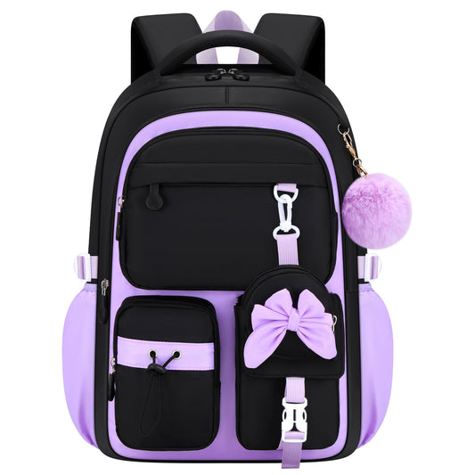 Girls Backpack for Grades 1-5, Lightweight Waterproof Bookbag with Reflective Straps, Kids School Bag with Coin Purse & Cute Pendant Middle School