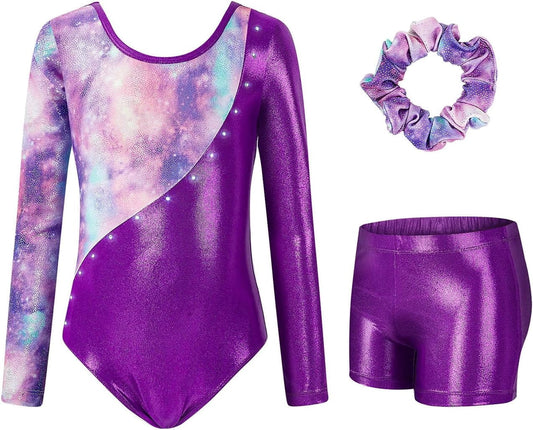 3 Pcs Set Gymnastics Leotards for Girls,Long Sleeve Rhinestone Kids Dance Unitards Biketards with Tumbling Dance Shorts