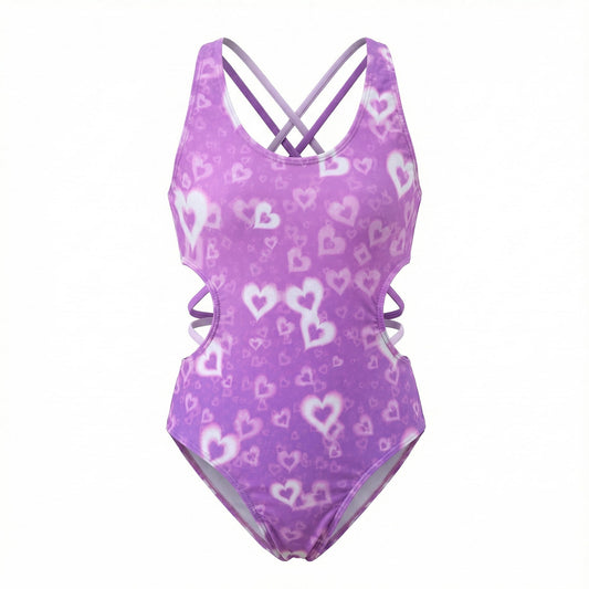 Girls One Piece Swimsuits Side waist hollowed-out design Girls Bathing Suits Size 5-12 Cute Heart Pattern Purple