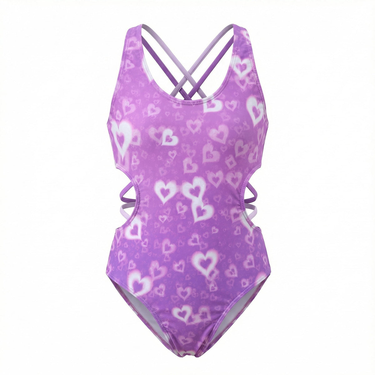Girls One Piece Swimsuits Side waist hollowed-out design Girls Bathing Suits Size 5-12 Cute Heart Pattern Purple