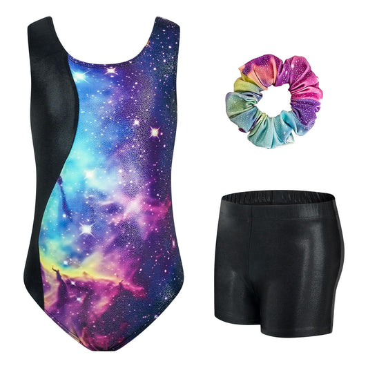 Girls Gymnastics Leotards Sleeveless U Shape Neck, Sparkly Dance Unitards with Shorts and Hair Toddler Leotard for 3-12 Years