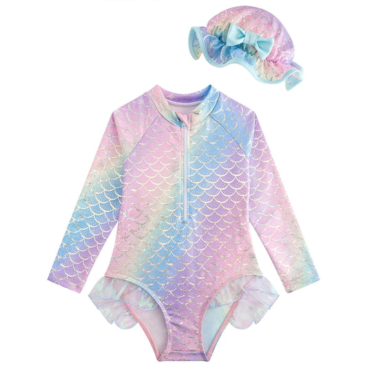 Girls One Piece Swimsuit Long Sleeve Rash Guard Swimsuit Cute Hat Bathing Suit girl Bathing Suit Set for 2-8 Years