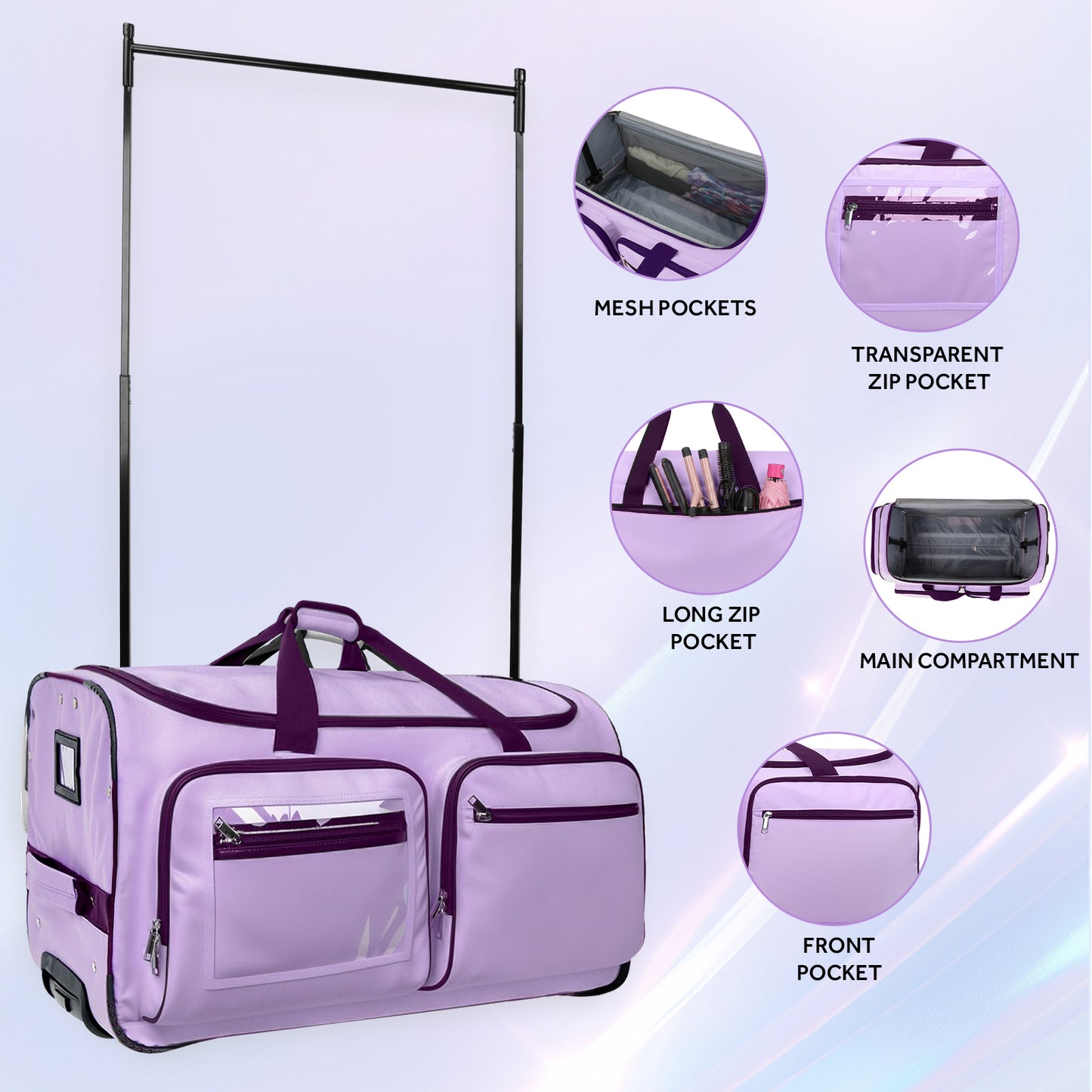 Fegat Dance Bag with Garment Rack - 28"Collapsible Rolling Competition Dance Duffle Bag Lightweight Costume Wheeled Suitcase for Dancers Shows Livestreamer Athletes,Purple