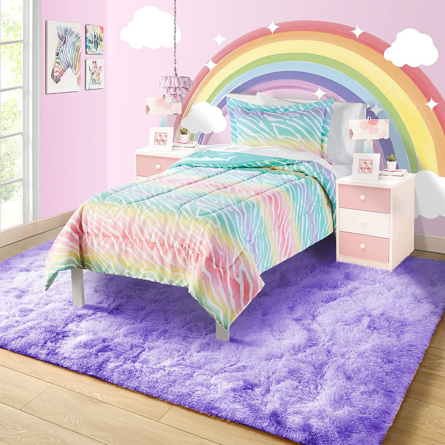 OldPAPA Fluffy Rugs for Living Room, Washable Rugs, 3x5 Area Shag Rugs for Bedroom, Girls Boys Room Decor,Upgrade Anti-Skid Small Carpet for Home Decor Aesthetic, Rainbow Color