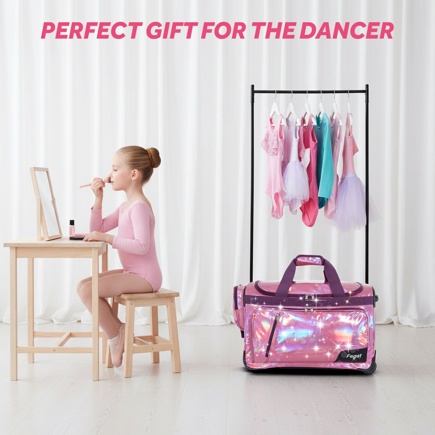 Fegat Dance Bag with Garment Rack, 23" Glittering Rolling Dance Competition Bag Prism-Glowing Waterproof Dance Duffel Bag Costume Suitcase for Dancers Performer Artist,Sparkle Purple