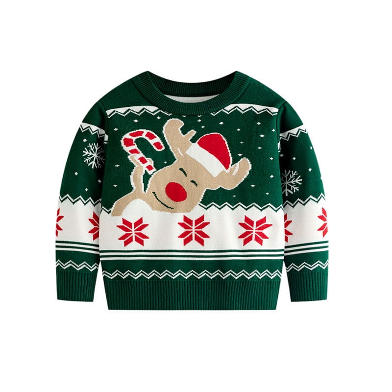 Kuleyang Toddler Boys Girls Christmas Elk Sweaters Xmas Winter Cute Knit Cartoon Prints Unisex Top Clothes Green 3 Years