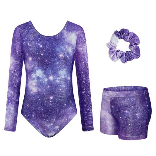 Toddler Leotard Gymnastics 3PC Long Sleeve Sparkly with Shorts for Tumbling Outfits Dance Gymnastics Gifts for Girls Size 3-12 Light Purple