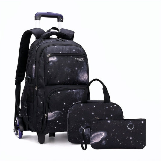 IvyH Rolling Backpack 3pcs Wheeled Backpack Lightweight Waterproof Schoolbag Set with Lunch Bag Pen Case,Dark Black