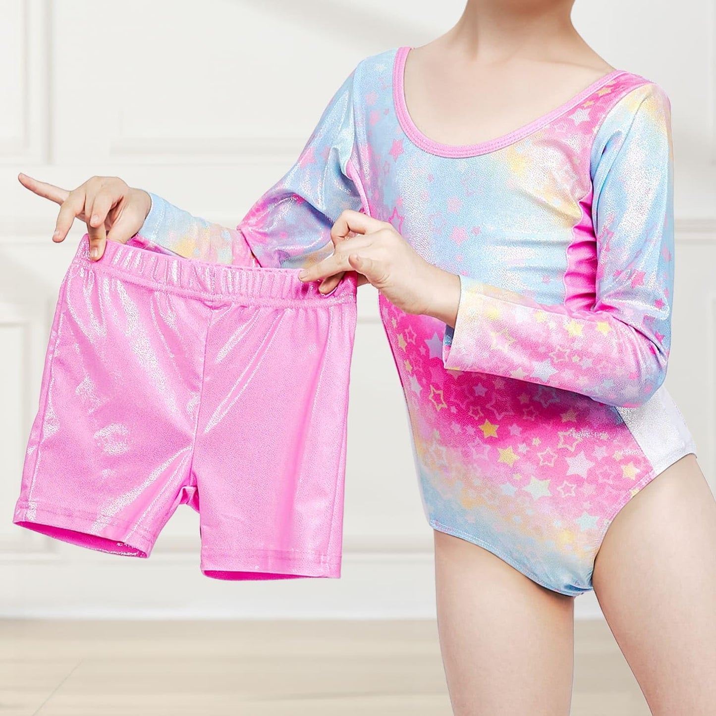 Gymnastics Leotards for Girls Cross Back,Long Sleeve Sparkly Dance Biketards with Shorts Ballet Outfit for 3-12 Years