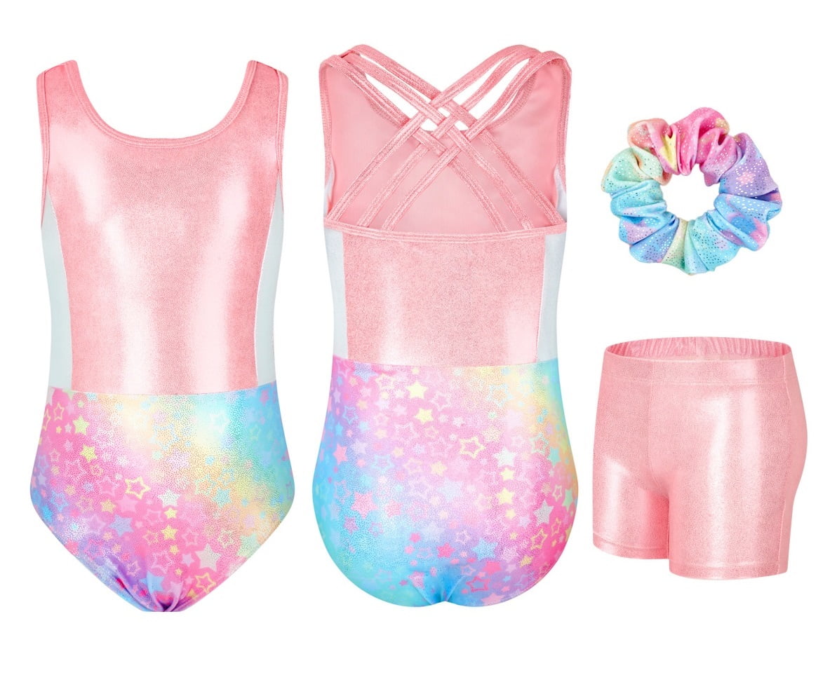 Gymnastics Leotards for Girls with Cross Back,Sparkly Dance Unitards with Shorts Biketards Outfit for 3-12 Years