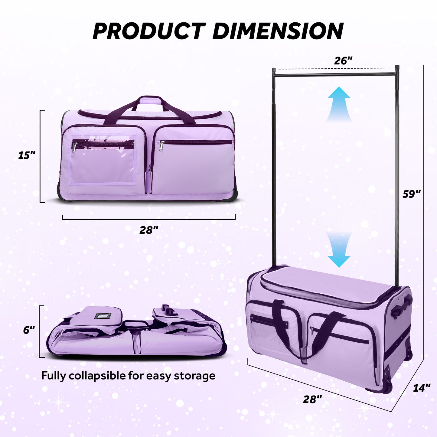 Fegat Dance Bag with Garment Rack - 28"Collapsible Rolling Competition Dance Duffle Bag Lightweight Costume Wheeled Suitcase for Dancers Shows Livestreamer Athletes,Purple