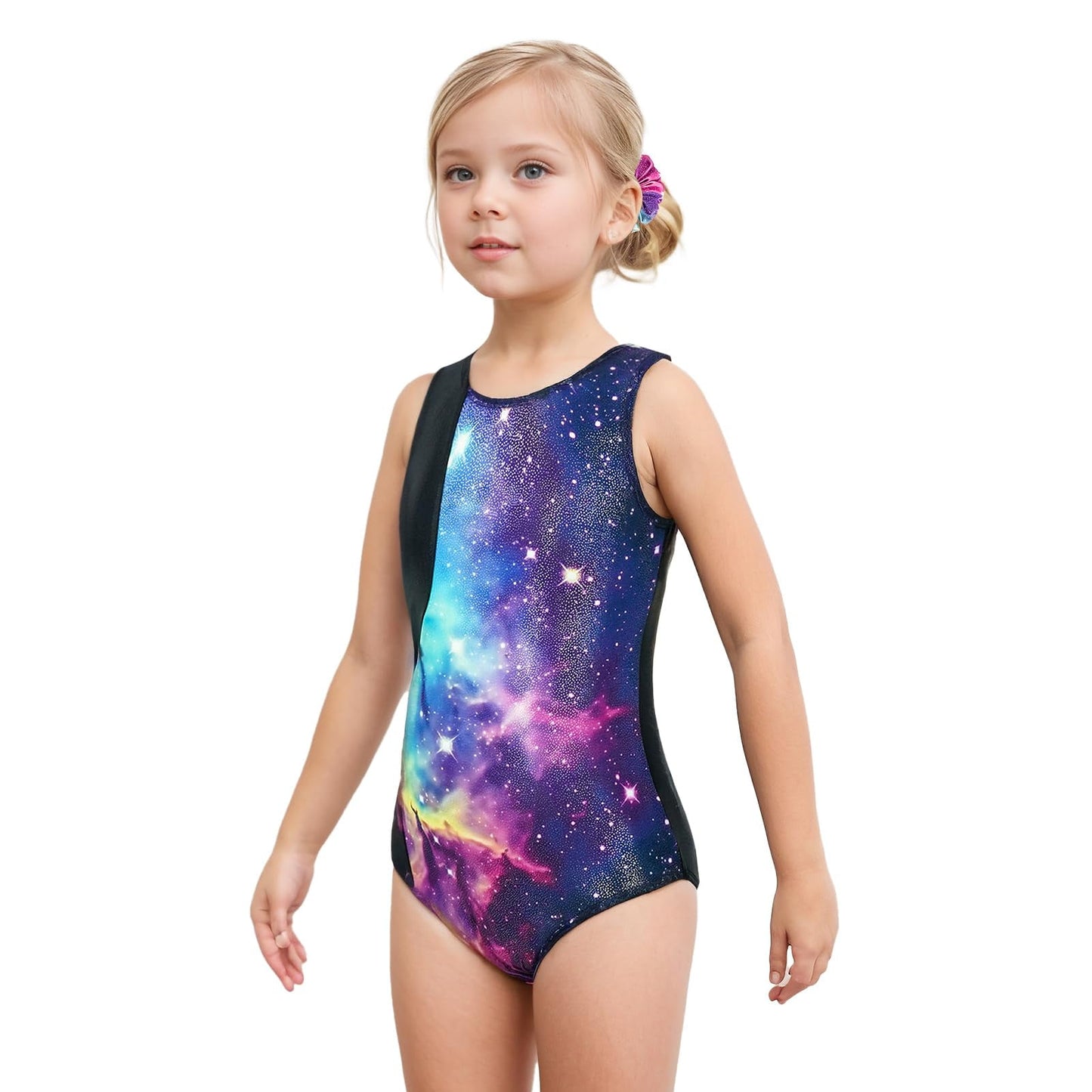 Girls Gymnastics Leotards Sleeveless U Shape Neck,Sparkly Dance Unitards with Shorts and Hair Rope for 3-12 Years girls