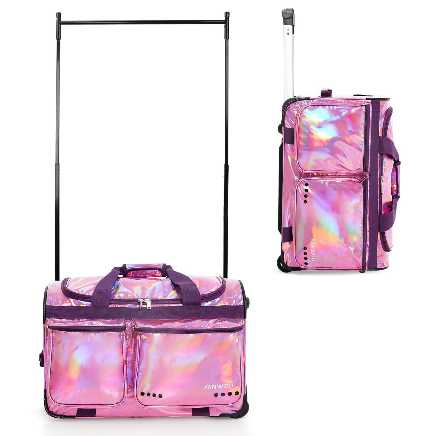 Fegat Dance Bag with Garment Rack, 23" Glittering Rolling Dance Competition Bag Prism-Glowing Waterproof Dance Duffel Bag Costume Suitcase for Dancers Performer Artist,Sparkle Purple