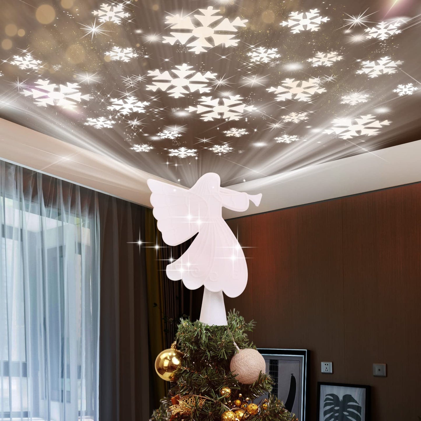 Christmas Tree Topper, Gold Angel Tree Topper Lighted with 3D Rotating Snowflake Projector, Glittering Lighted Xmas Tree Topper for Christmas Holiday Decorations Gift