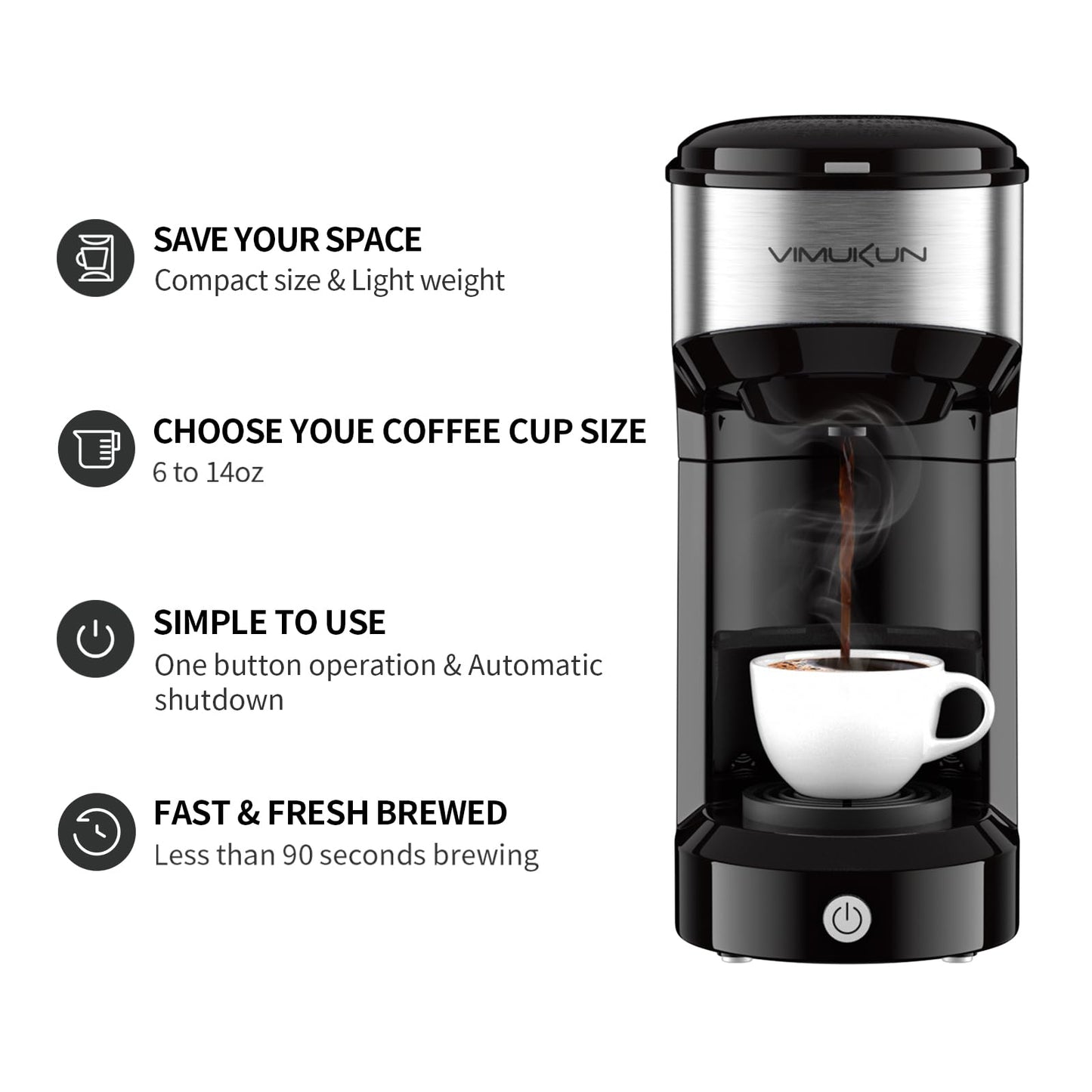 Coffee Maker, Single Serve Coffee Maker Machine 6 to 14 oz With Permanent Filter, Compatible with K Cup Pod & Ground Coffee, Mini Size
