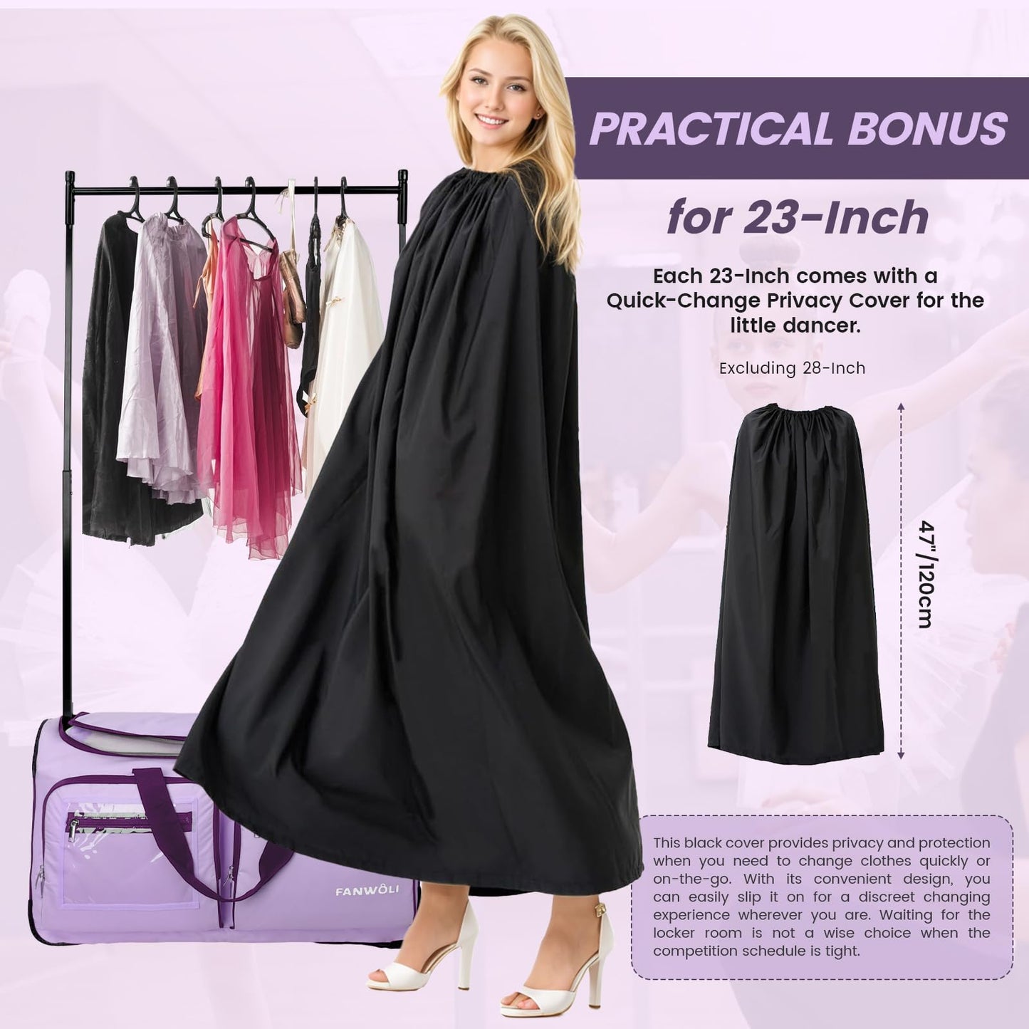 Fanwoli Dance Bag with Garment Rack, 23" Foldable Rolling Dance Bags Duffel Bag with Privacy Cover, Costume Suitcase for Dancers Shows Athletes