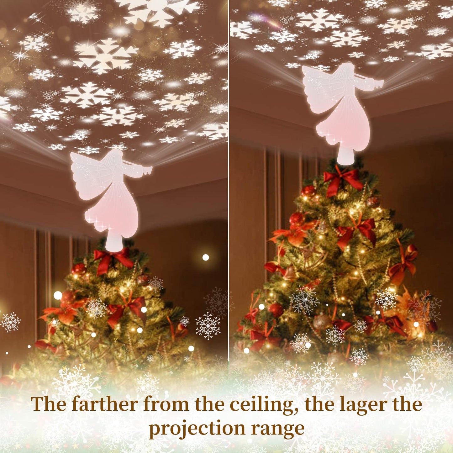 Christmas Tree Topper, Gold Angel Tree Topper Lighted with 3D Rotating Snowflake Projector, Glittering Lighted Xmas Tree Topper for Christmas Holiday Decorations Gift