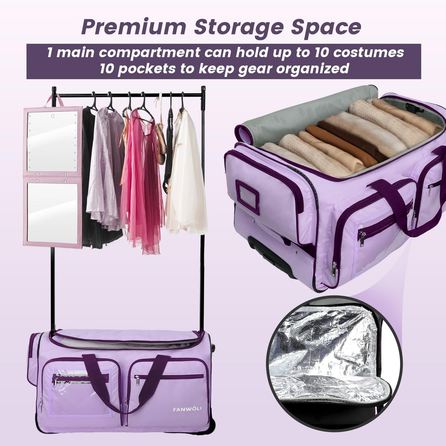 Fanwoli Dance Bag with Garment Rack - 28"Collapsible Rolling Competition Dance Duffle Bag Lightweight Costume Wheeled Suitcase for Dancers Shows Livestreamer Athletes,Purple