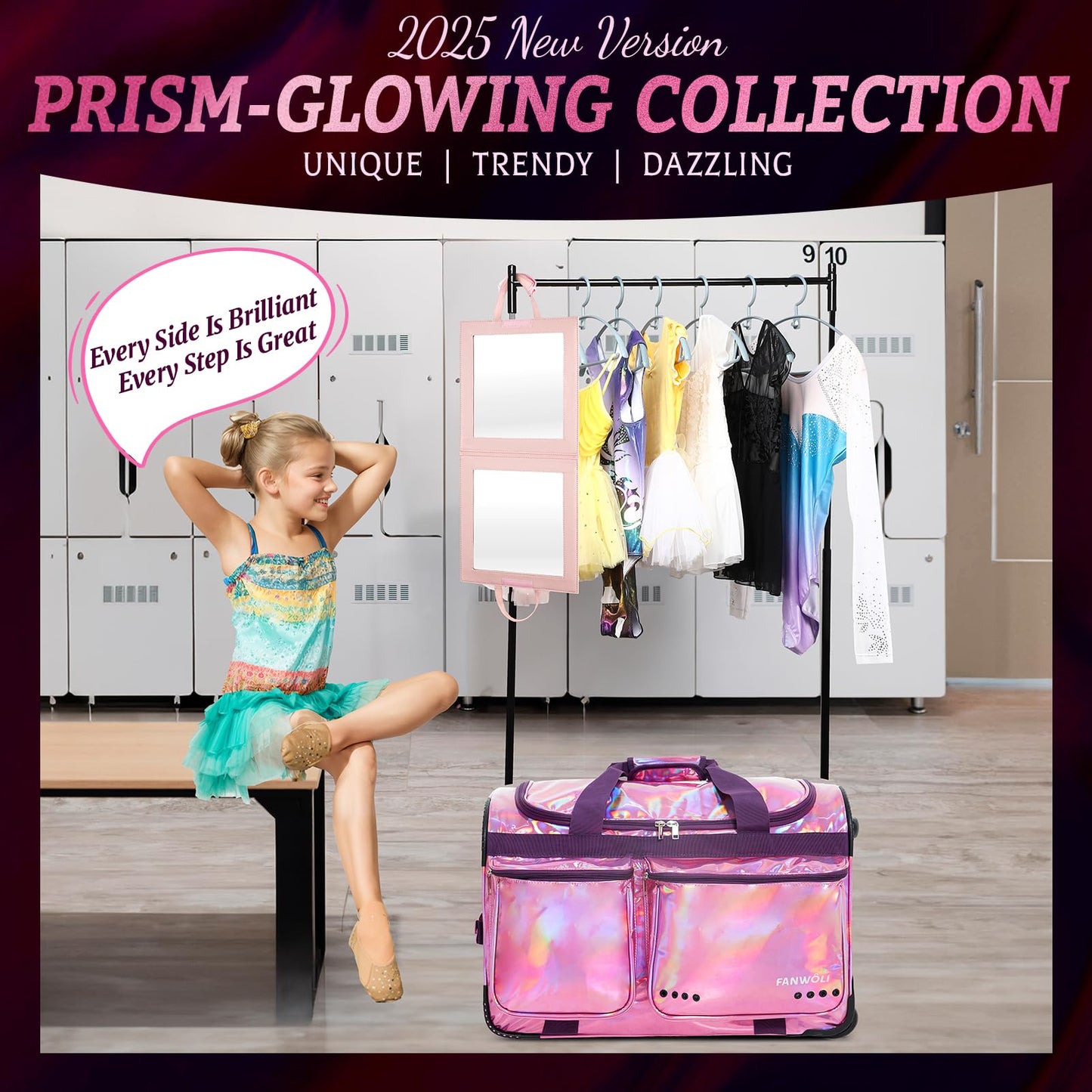 Fegat Dance Bag with Garment Rack, 23" Glittering Rolling Dance Competition Bag Prism-Glowing Waterproof Dance Duffel Bag Costume Suitcase for Dancers Performer Artist,Sparkle Purple