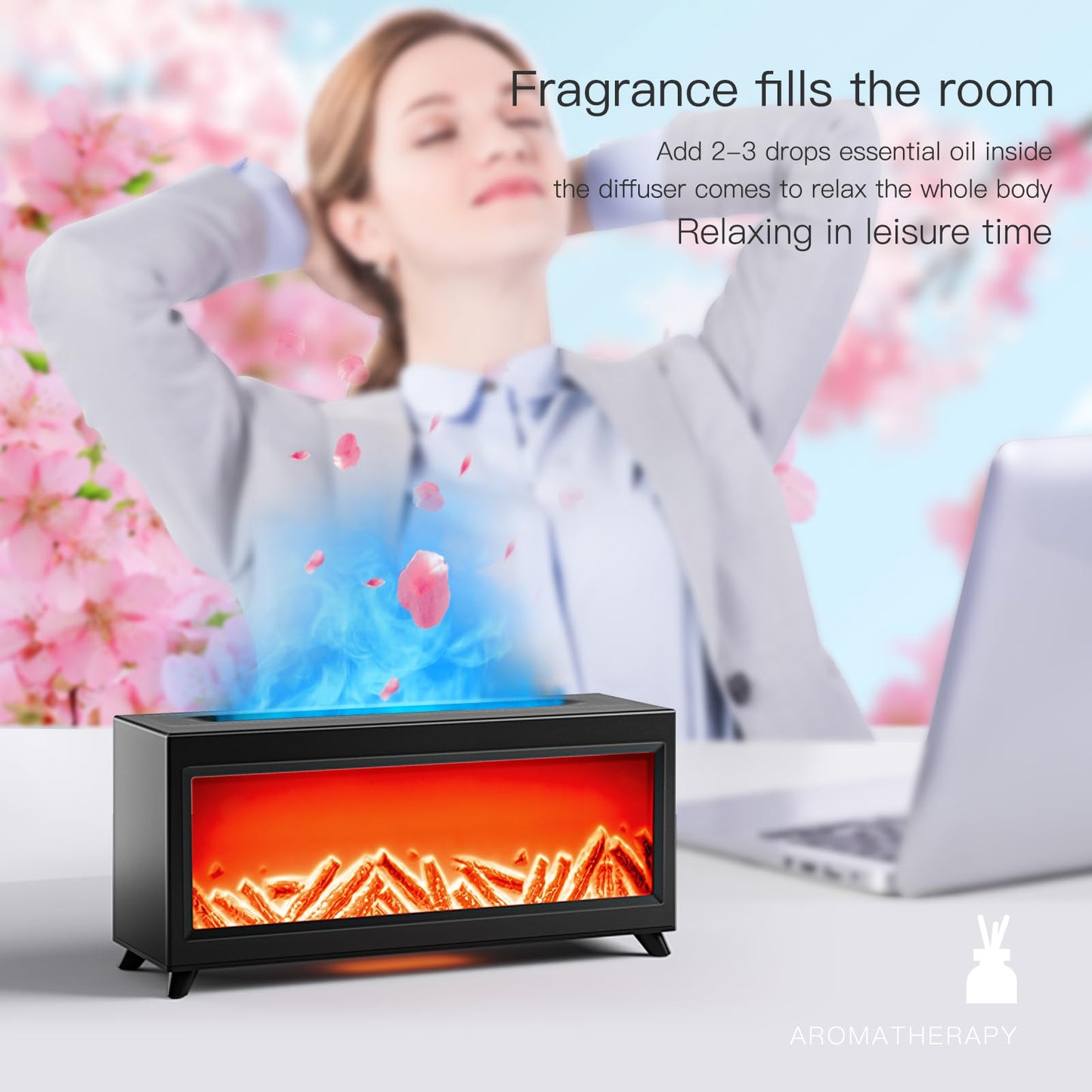 Essential Oil Diffuser, Fireplace Fire Flame Aromatherapy Diffuser, 220ml Ultrasonic Cool Mist Humidifier, Scent Aroma Diffuser with 7 Colors Light, Timer & Auto-Off for Home, Room