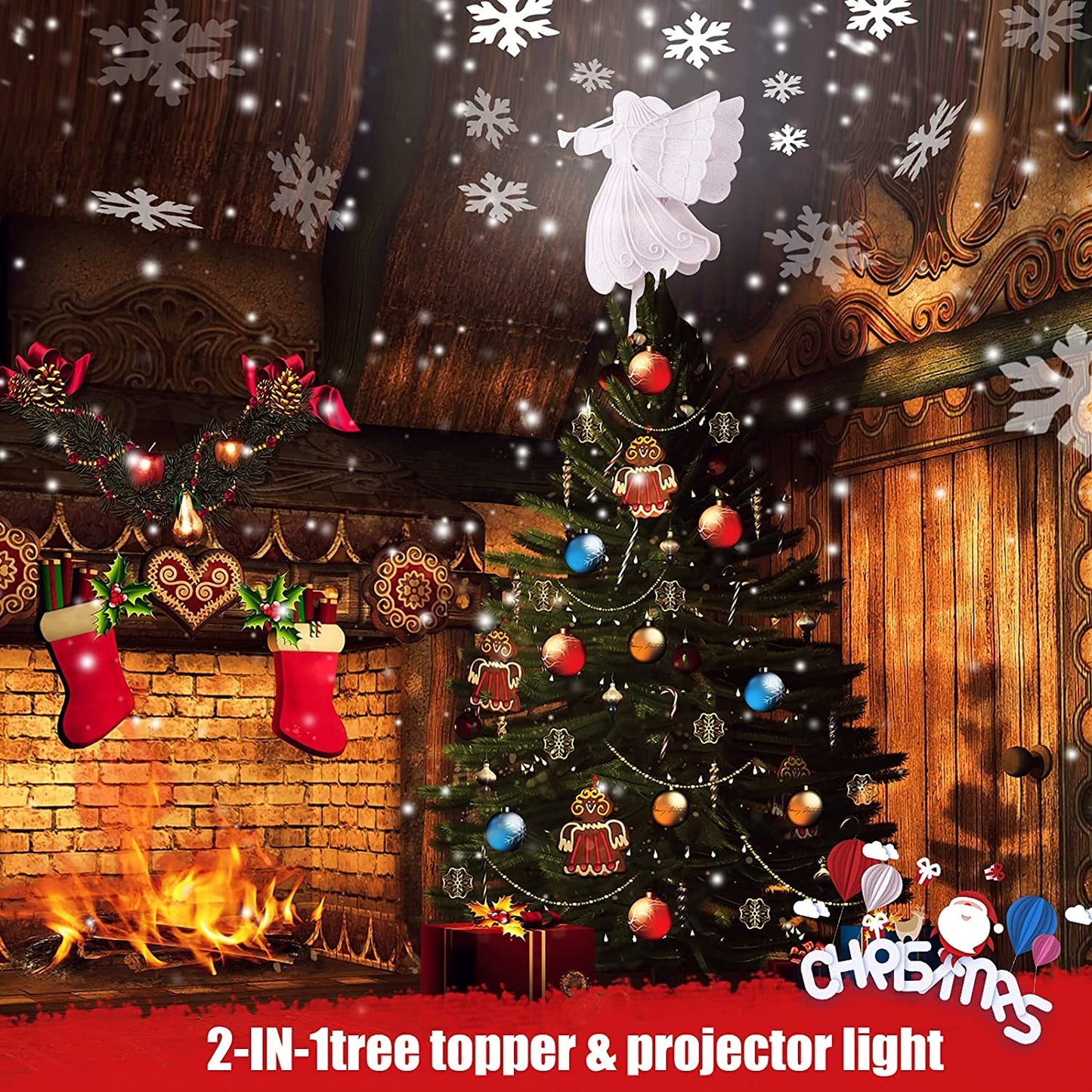 Christmas Tree Topper, Gold Angel Tree Topper Lighted with 3D Rotating Snowflake Projector, Glittering Lighted Xmas Tree Topper for Christmas Holiday Decorations Gift