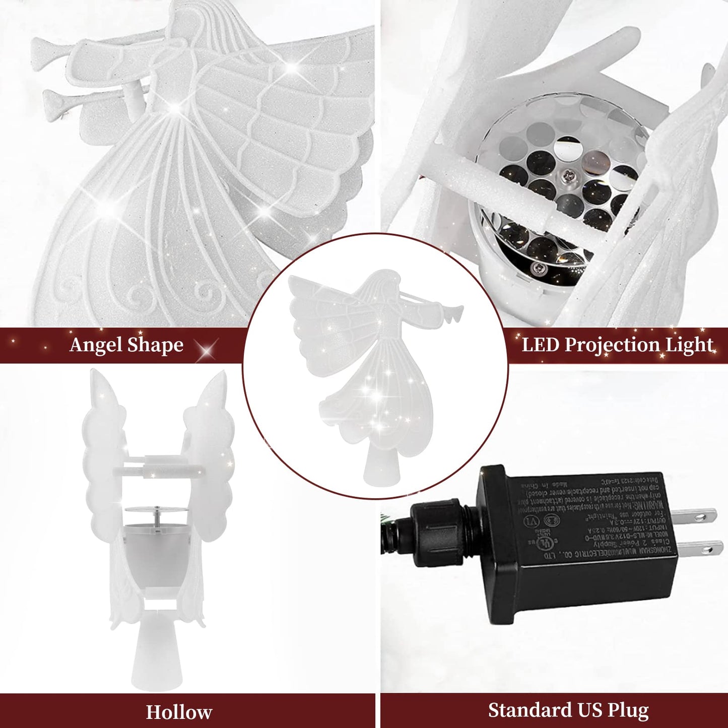 Christmas Tree Topper, Gold Angel Tree Topper Lighted with 3D Rotating Snowflake Projector, Glittering Lighted Xmas Tree Topper for Christmas Holiday Decorations Gift