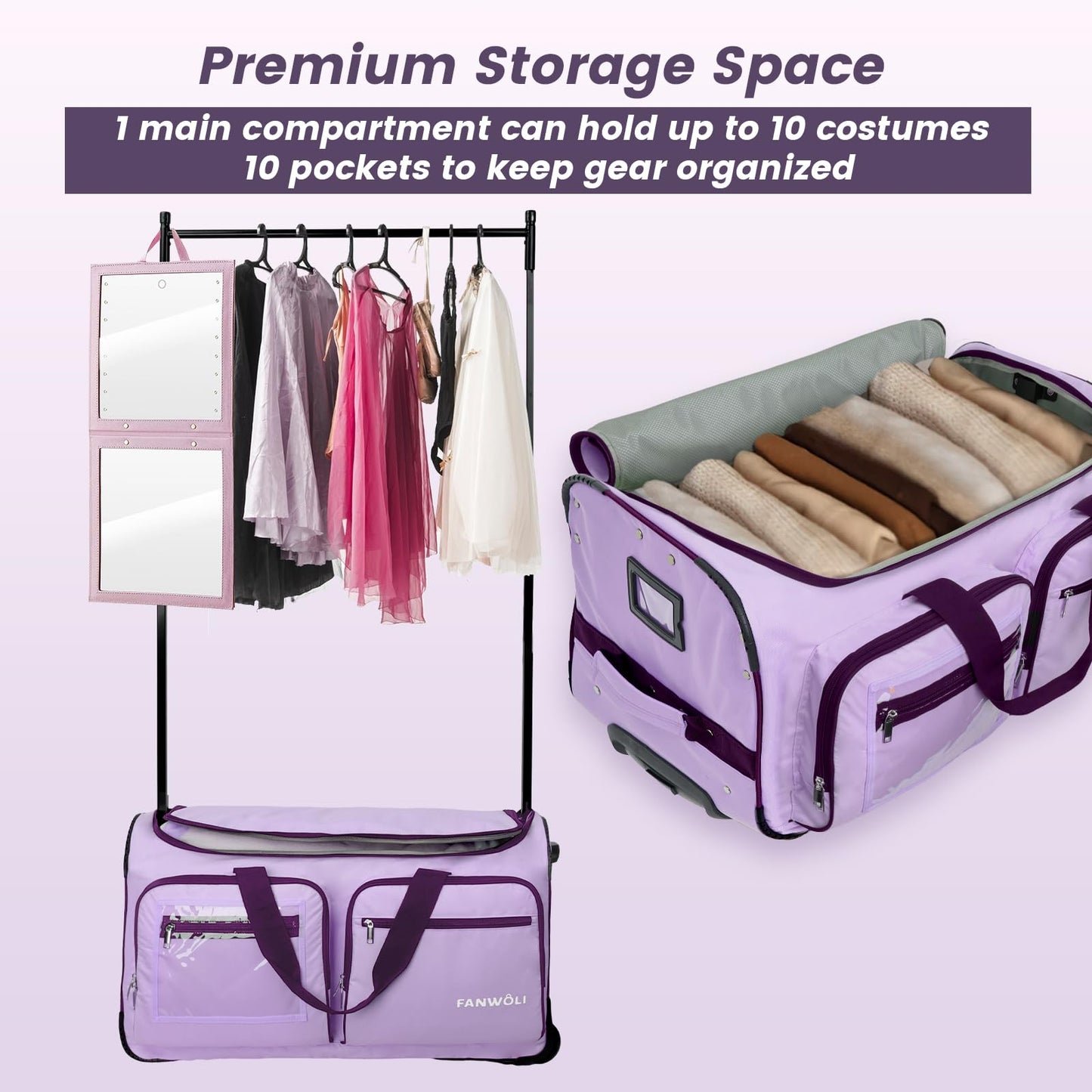 Fanwoli Dance Bag with Garment Rack, 23" Foldable Rolling Dance Bags Duffel Bag with Privacy Cover, Costume Suitcase for Dancers Shows Athletes