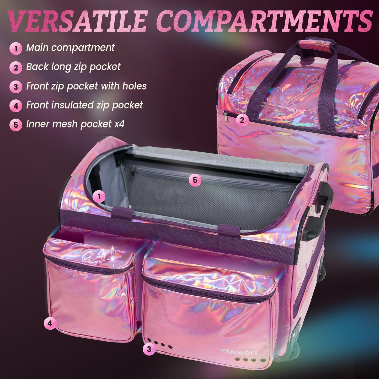 Fegat Dance Bag with Garment Rack, 23" Glittering Rolling Dance Competition Bag Prism-Glowing Waterproof Dance Duffel Bag Costume Suitcase for Dancers Performer Artist,Sparkle Purple
