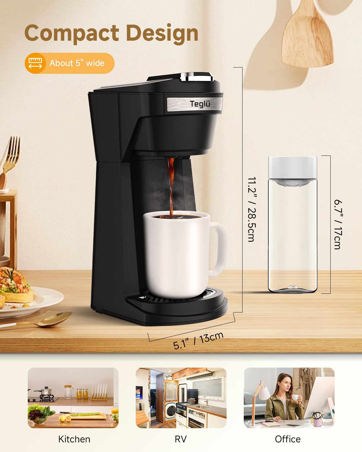 Single Serve Coffee Maker for K Cup Pod & Ground Coffee 2 in 1, K Cup Coffee Machine 14 oz Brew Size, Mini Single Cup Coffee Pod Fast Brew, Reusable Filter