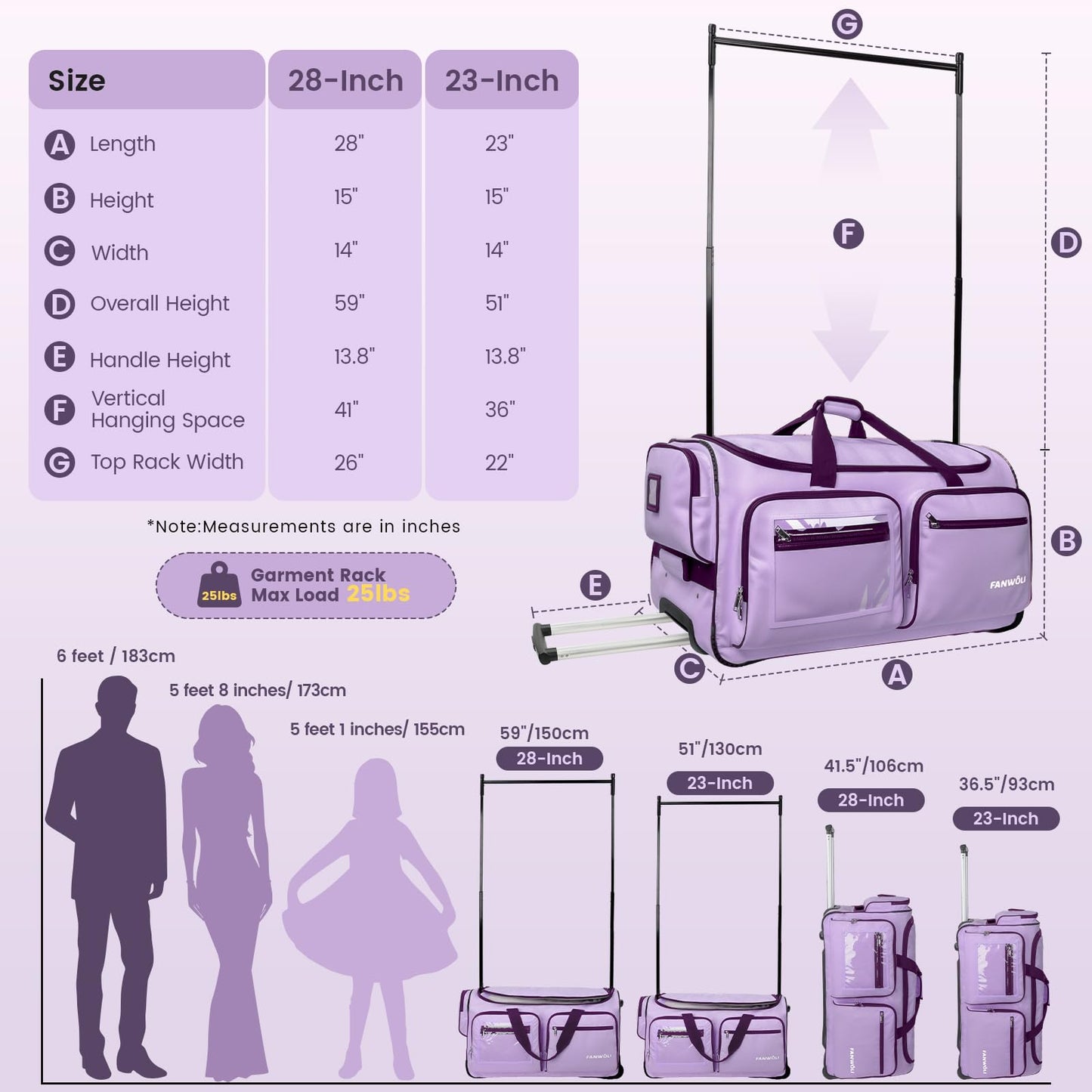 Fanwoli Dance Bag with Garment Rack - 28"Collapsible Rolling Competition Dance Duffle Bag Lightweight Costume Wheeled Suitcase for Dancers Shows Livestreamer Athletes,Purple