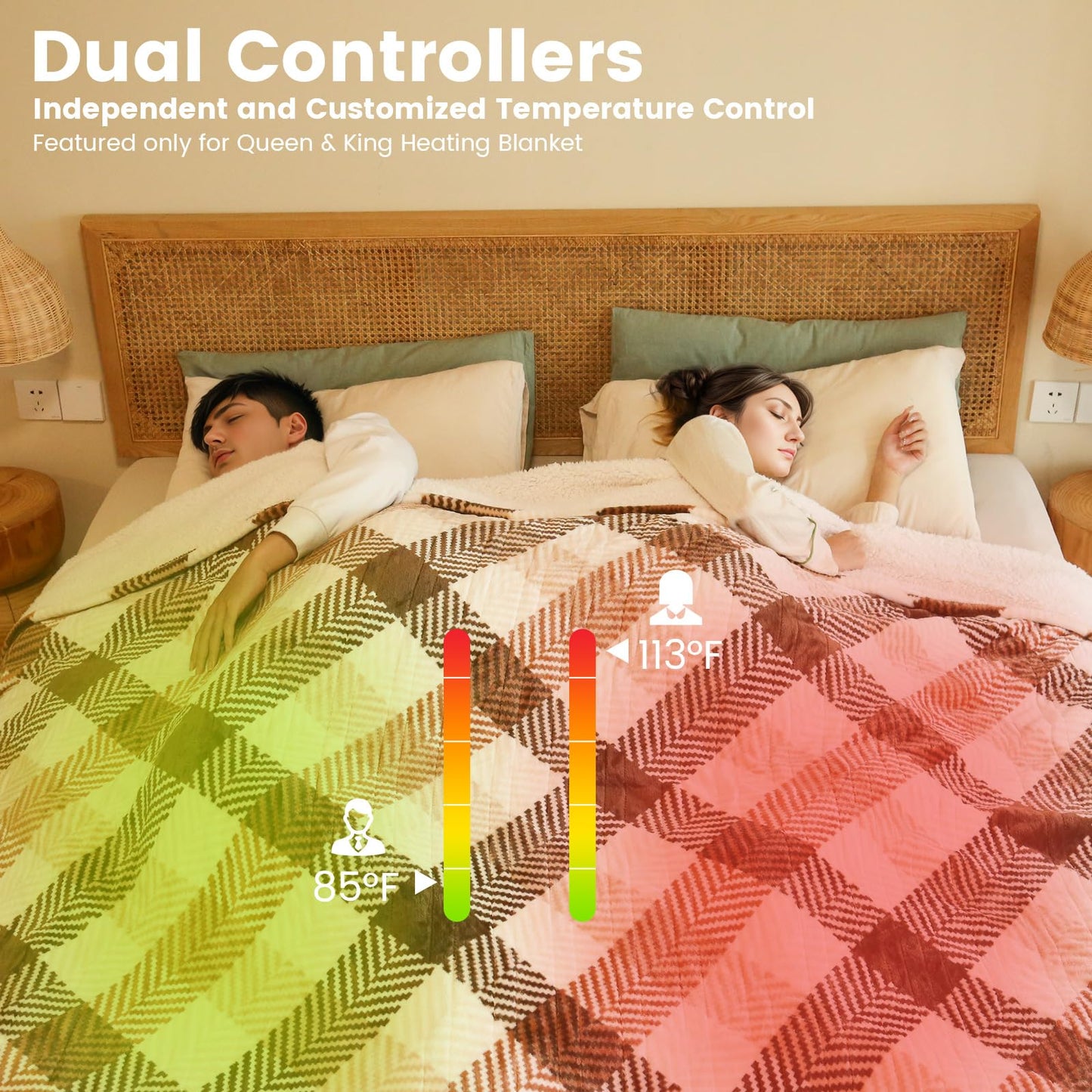 Heated Blanket King Size 100"x90", Dual Control Cozy Sherpa Electric Blankets for Bed with 10 Fast Heating Levels, 12H Auto Off, ETL Certified, Soft Washable Blanket for Home Use, Brown Plaid