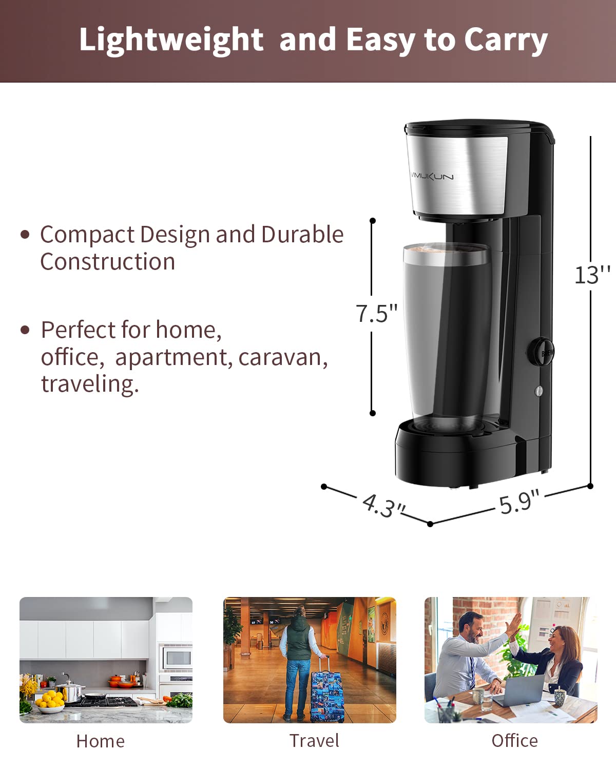 Single Serve Coffee Maker Coffee Brewer Compatible with K-Cup Single Cup Capsule, Single Cup Coffee Makers Brewer with 6 to 14oz Reservoir, Mini Size
