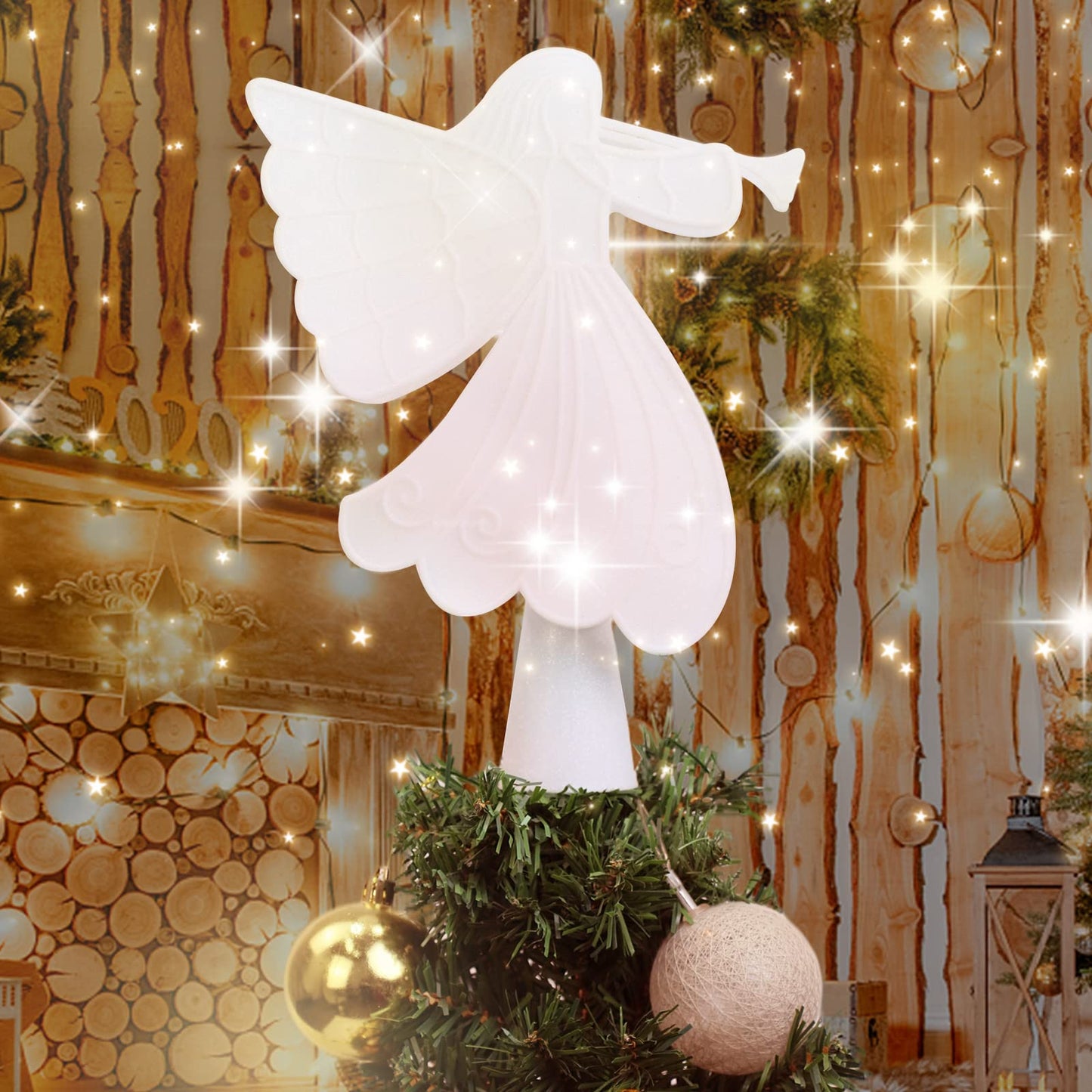 Christmas Tree Topper, Gold Angel Tree Topper Lighted with 3D Rotating Snowflake Projector, Glittering Lighted Xmas Tree Topper for Christmas Holiday Decorations Gift