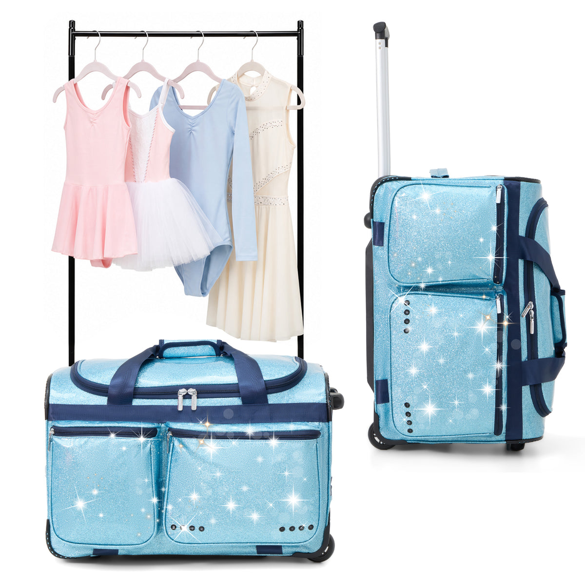 Fegat Dance Bag with Garment Rack, 23" Glittering Rolling Dance Competition Bag Prism-Glowing Waterproof Dance Duffel Bag Costume Suitcase for Dancers Performer Artist,Sparkle Blue