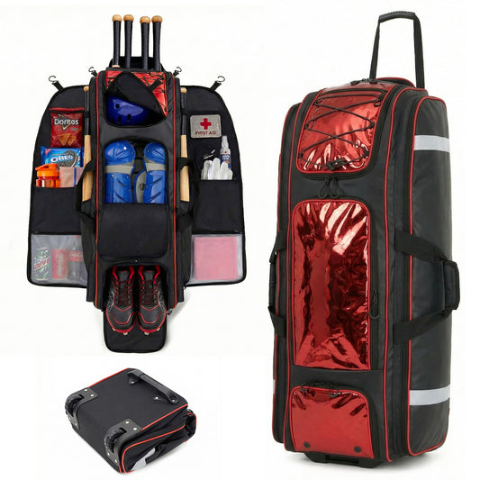 Fegat 100L Rolling Baseball Bag, Newly Catchers Gear Bag for Baseball Softball, Portable Waterproof Equipment Bag Holds 8 Bats, Stand-Up Base, Reflective Strip, Fence Hooks