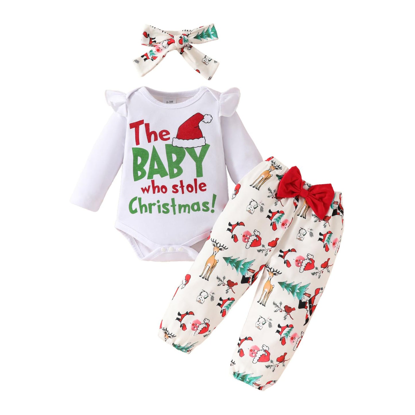 Baby Girls Christmas Outfits Long Sleeve Ruffle Romper Floral Pants Cute Winter Warm Xmas Infant Newborn Girls 3PCS Clothes Set 0-3 Months