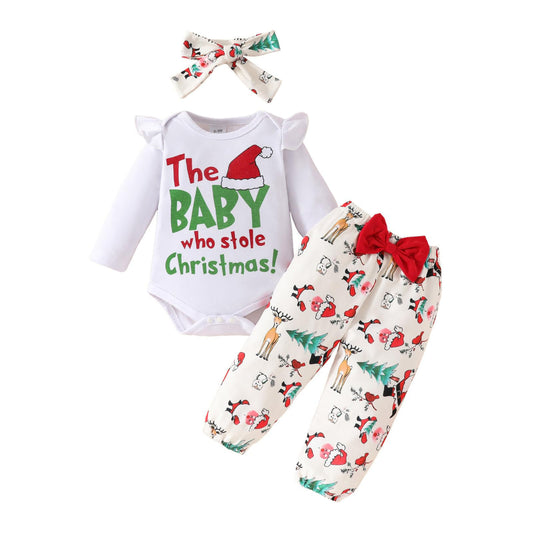 Baby Girls Christmas Outfits Long Sleeve Ruffle Romper Floral Pants Cute Winter Warm Xmas Infant Newborn Girls 3PCS Clothes Set 0-3 Months