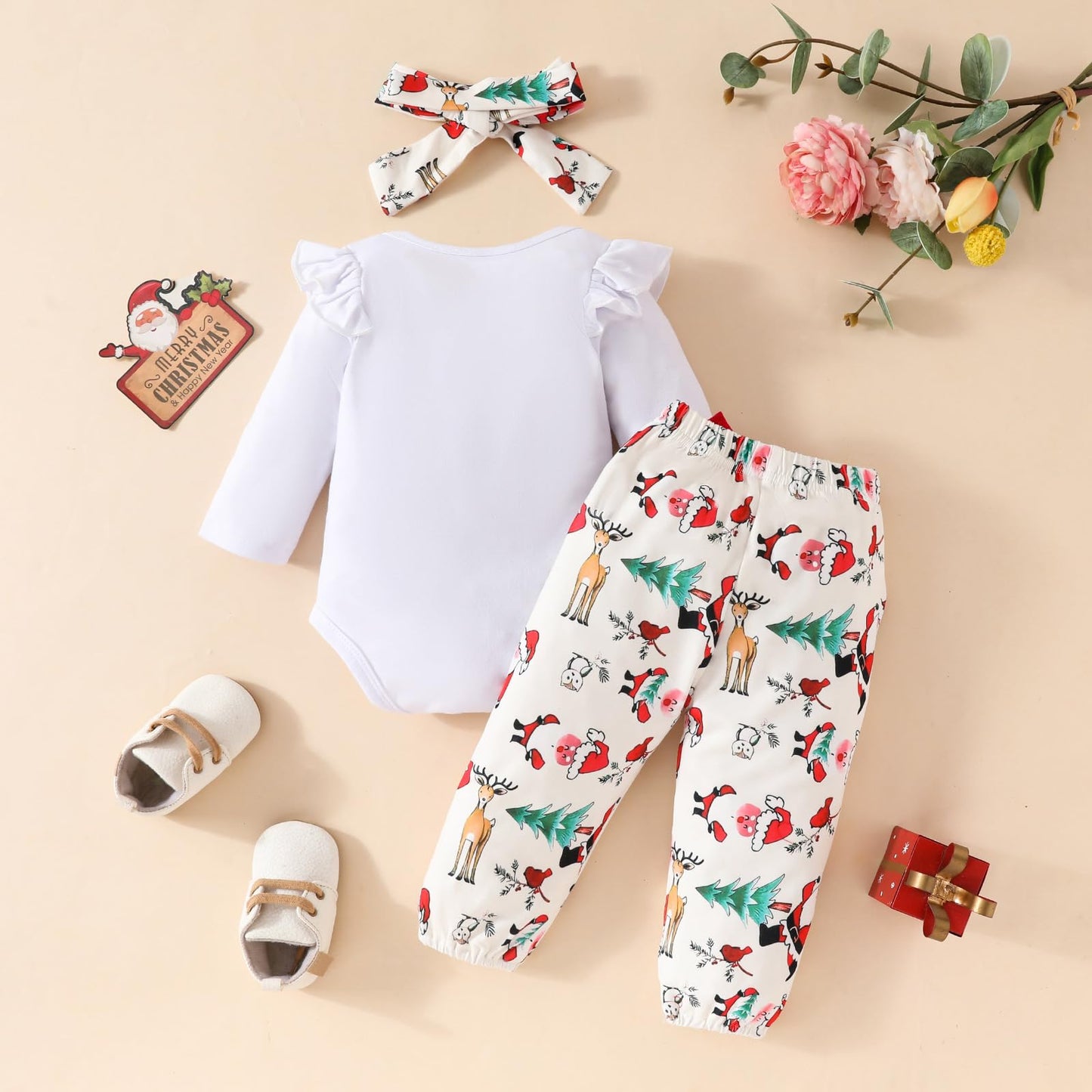 Baby Girls Christmas Outfits Long Sleeve Ruffle Romper Floral Pants Cute Winter Warm Xmas Infant Newborn Girls 3PCS Clothes Set 0-3 Months