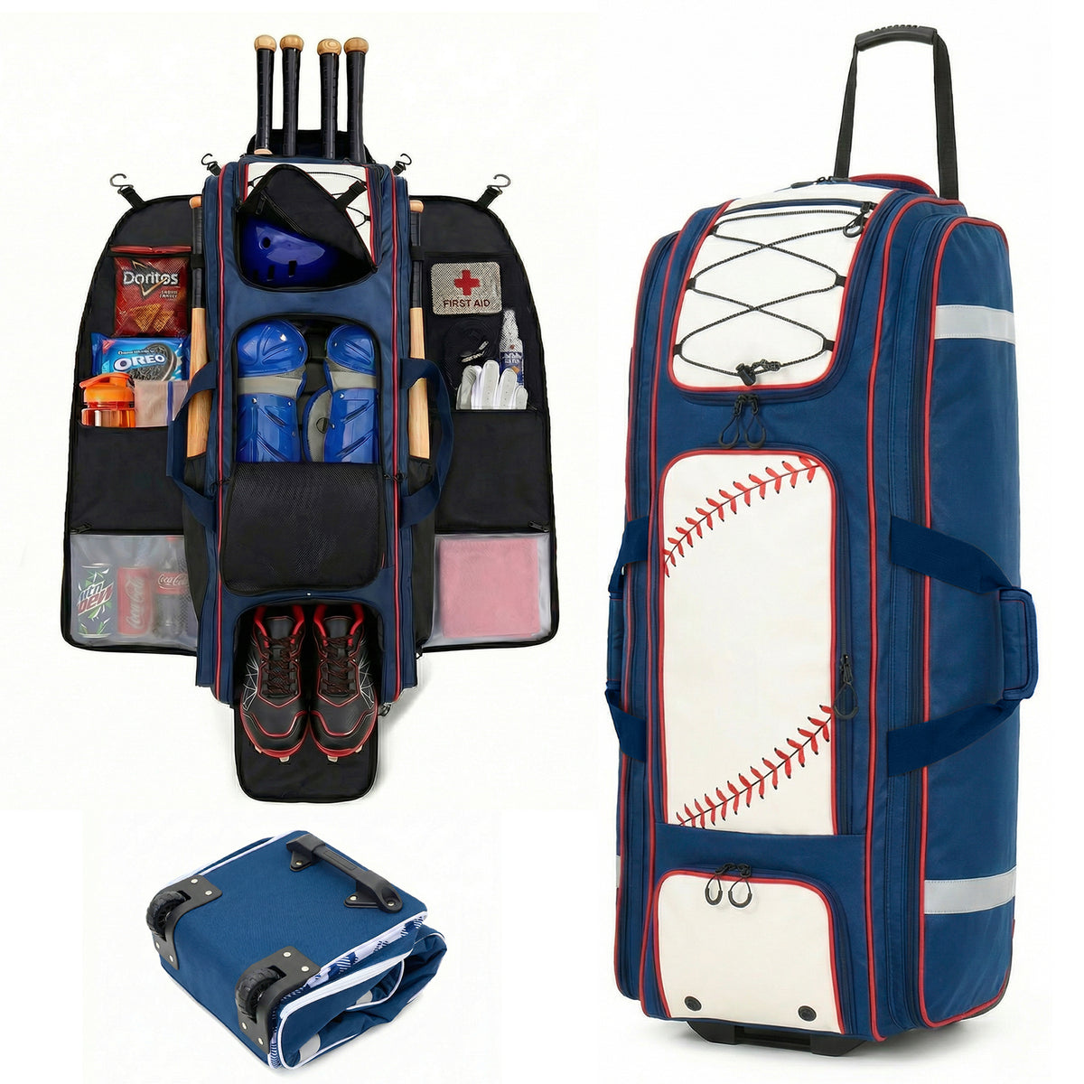 Fegat Rolling Baseball Bag with Wheels,100L Large Softball Bag Catchers Gear Bags for 8 Bats,Equipment Bag with 5 Fence Hooks,Reflective Strip,Shoe Compartment,Holds All Softball Baseball Equipment