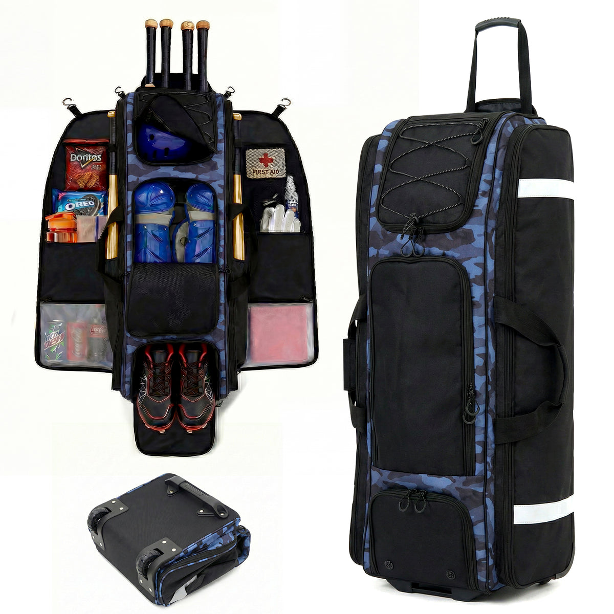 Fegat Rolling Baseball Bag with Wheels,100L Large Softball Bag Catchers Gear Bags for 8 Bats,Equipment Bag with 5 Fence Hooks,Reflective Strip,Shoe Compartment,Holds All Softball Baseball Equipment