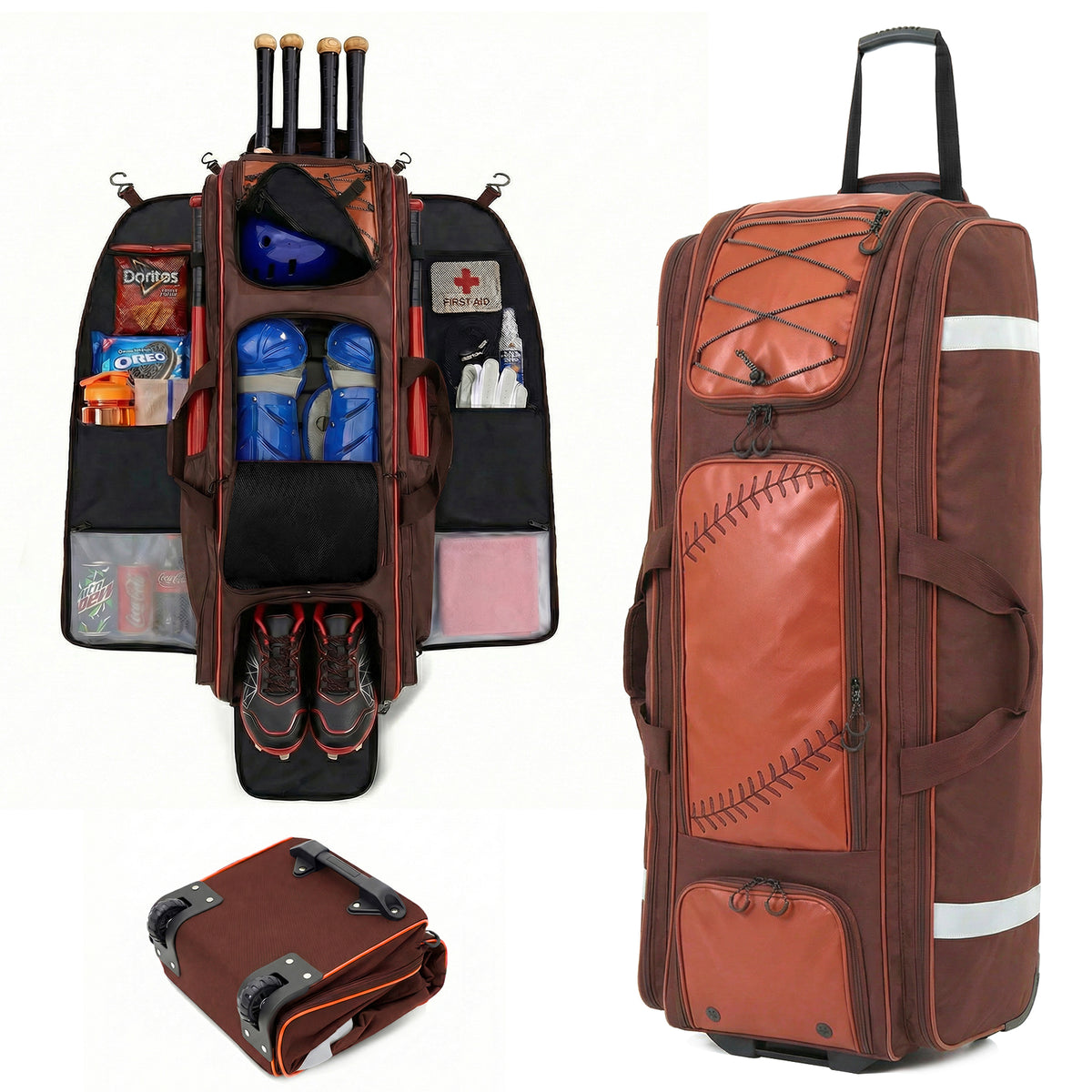 Fegat Rolling Baseball Bag with Wheels,100L Large Softball Bag Catchers Gear Bags for 8 Bats,Equipment Bag with 5 Fence Hooks,Reflective Strip,Shoe Compartment,Holds All Softball Baseball Equipment