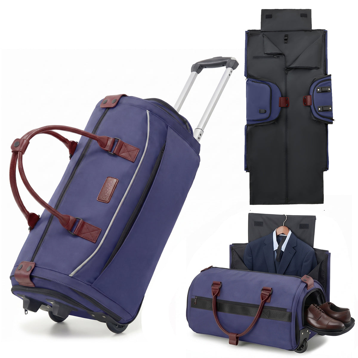 3-in-1 Rolling Garment Bag for Travel,Carry On Suit Travel Bag with Wheels,Shoe Compartment,Detachable Organizer,Wrinkle-Free Duffel Bag for Business Travel Wedding