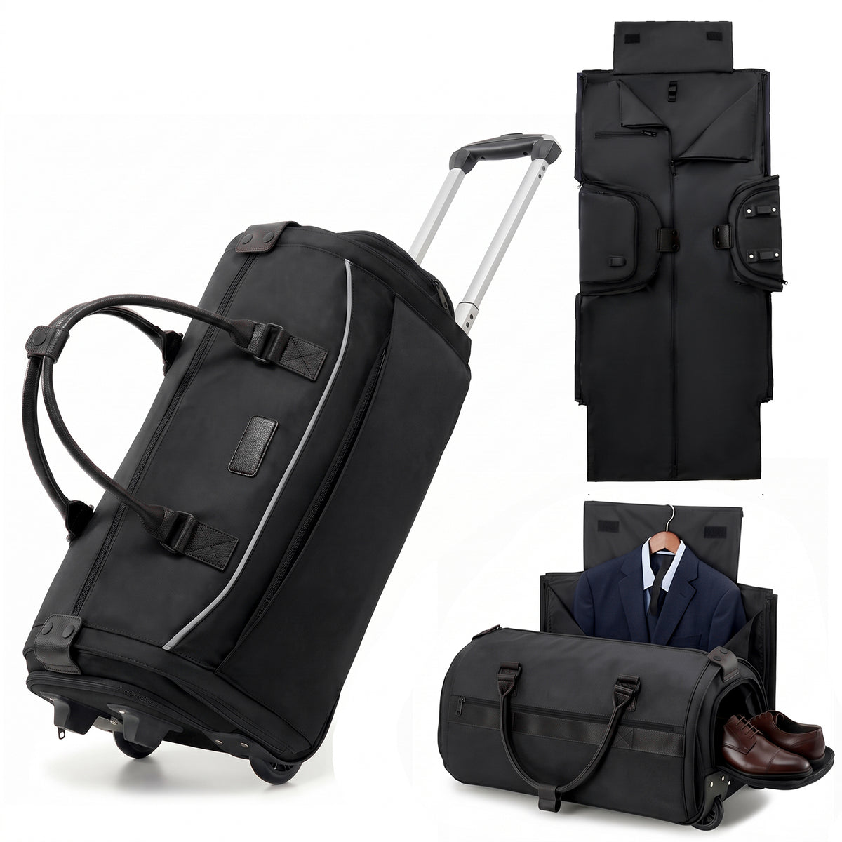 3-in-1 Rolling Garment Bag for Travel,Carry On Suit Travel Bag with Wheels,Shoe Compartment,Detachable Organizer,Wrinkle-Free Duffel Bag for Business Travel Wedding